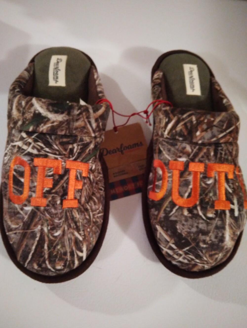 dearfoams Men's Camo Slip-On Slippers with Orange 'OFF DUTY' Embroidery